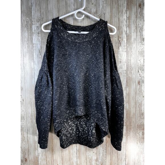 Express Cold Shoulder Sweater Puff sleeves M Black White Speckled Oversized SOFT - Picture 1 of 8